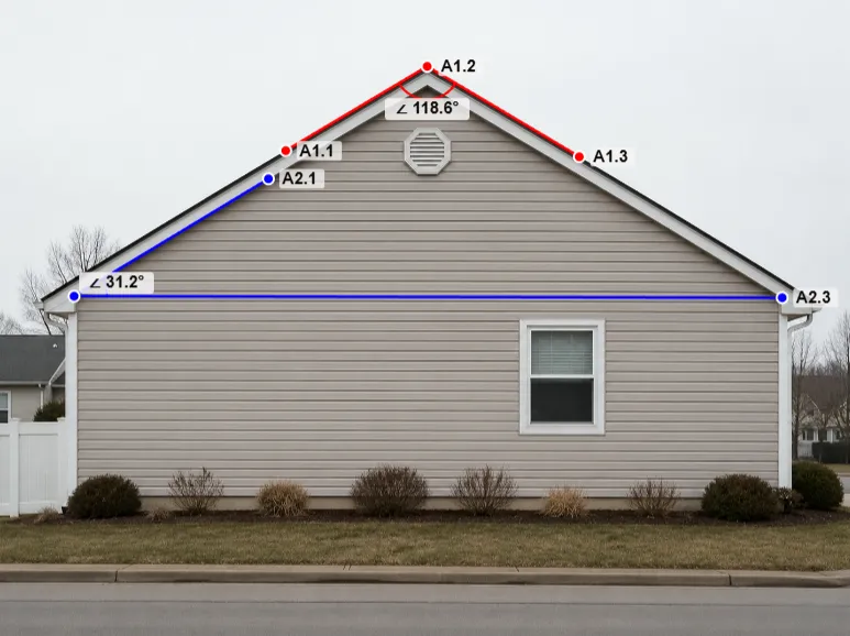 Photo of a house gable with the roof angle measured and labeled in degrees