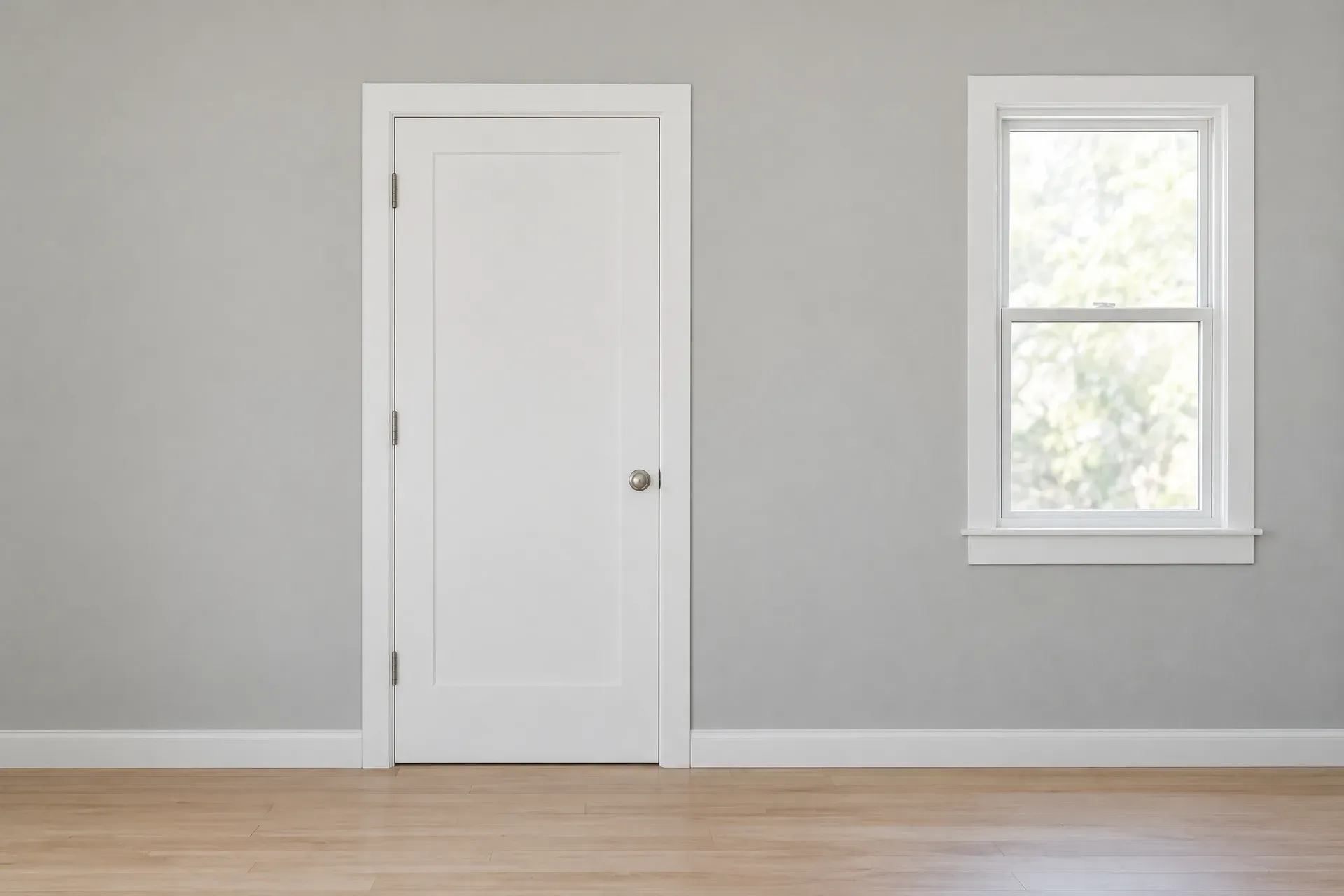 Dinding dengan pintu dan jendela yang difoto tepat dari depan, sehingga keduanya terlihat sebagai persegi panjang yang sebenarnya
