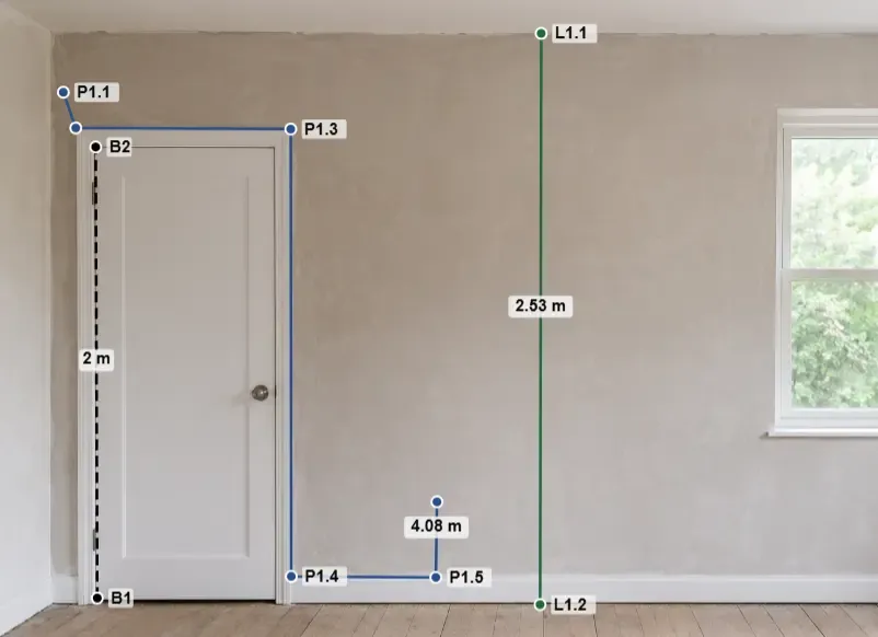 Foto ruangan dengan garis kalibrasi 2 m pada kusen pintu, dinding yang terukur 2,53 m, dan garis polyline yang ditelusuri mengelilingi pintu