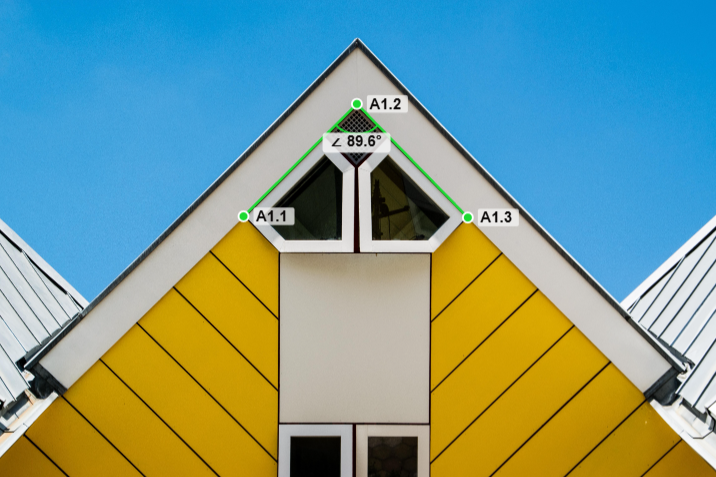 Real Angle-tool export on a corner shot square-on to the camera: the measured angle matches the true corner